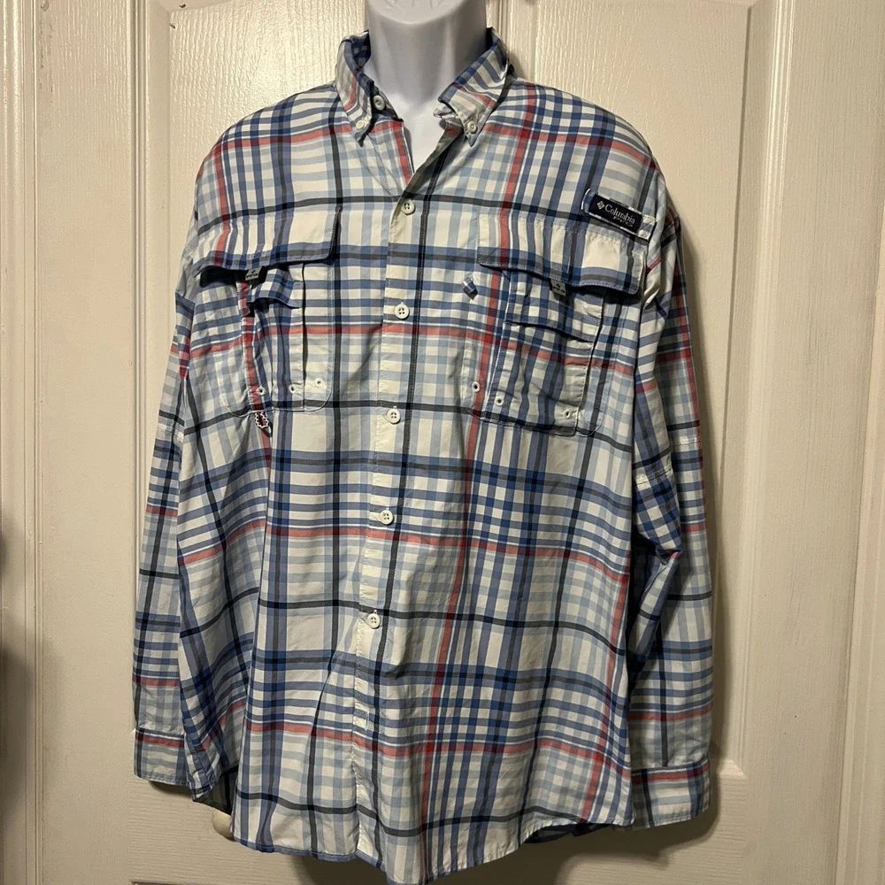 Columbia PFG Super Bahama Long Sleeve Shirt Men's Size Large Plaid Fishing